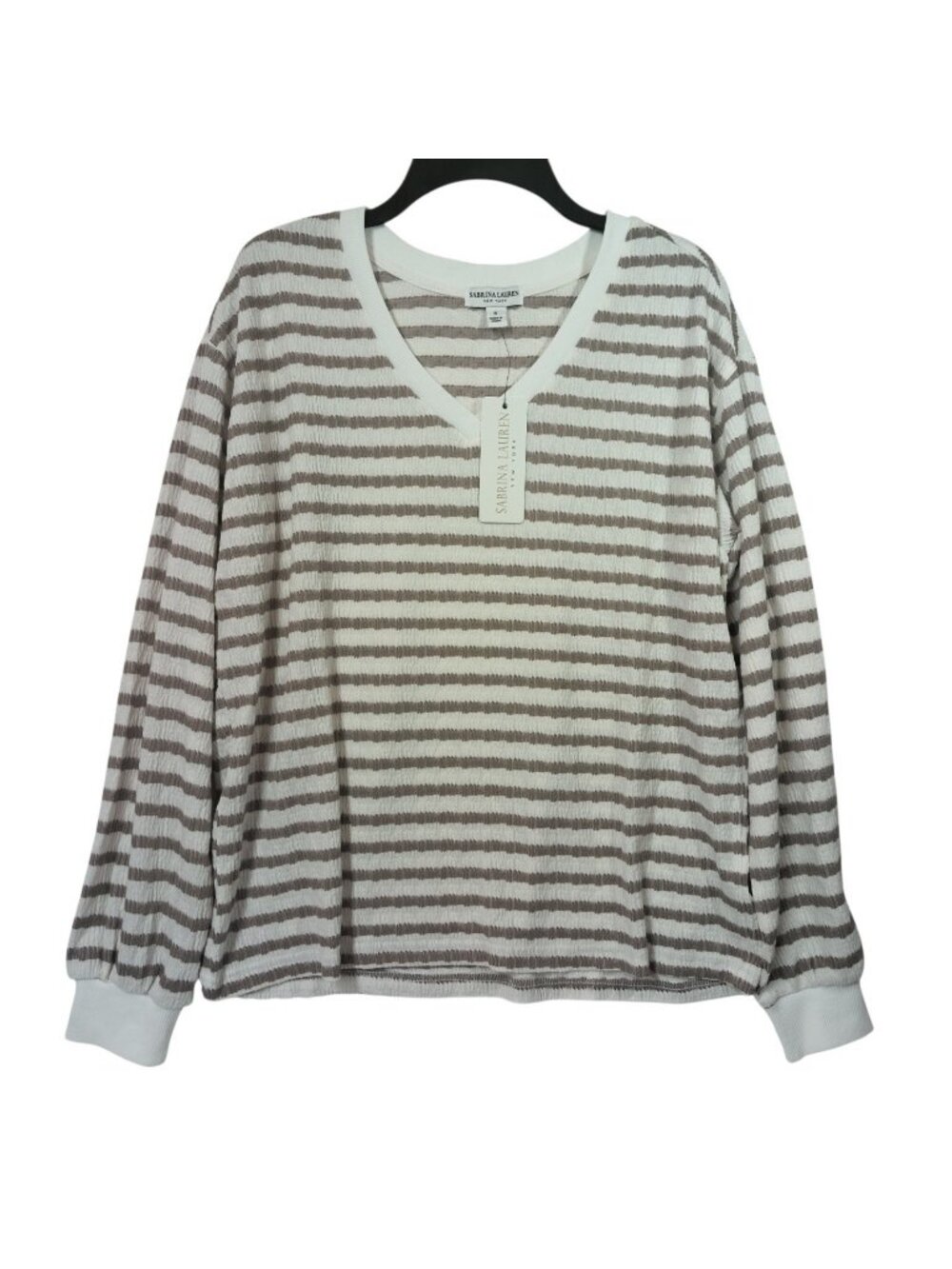 Sabrina Lauren Small Striped V Neck Pullover Sweater Ivory Brown Long Sleeve NWT